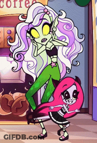 A Cartoon Of Two Monster High Characters Standing Next To Each Other In Front Of A Coffee Machine GIF
