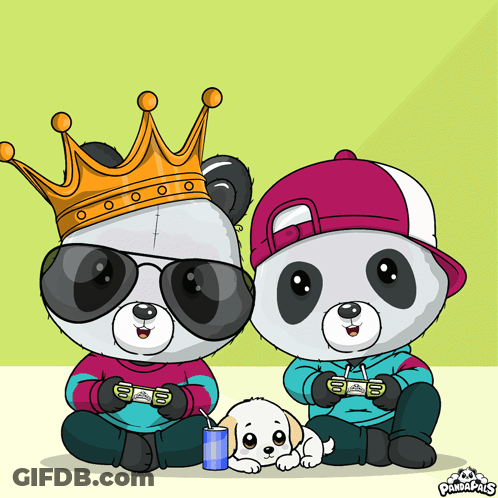A Cartoon Of Two Panda Bears Playing Video Games With A Dog GIF