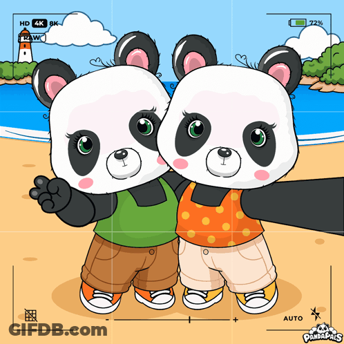 A Cartoon Of Two Panda Bears Taking A Selfie On A Beach GIF