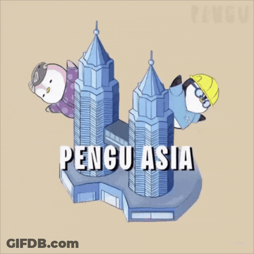 A Cartoon Of Two Penguins And A Building That Says " Pengu Asia " GIF