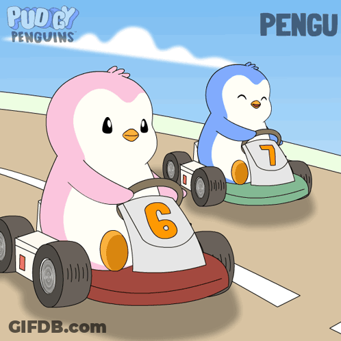 A Cartoon Of Two Penguins Driving Go Karts With The Name Pengu On The Bottom Right GIF