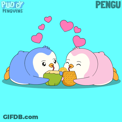 A Cartoon Of Two Penguins Eating Pineapples With The Name Pengu On The Bottom Right GIF