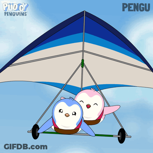 A Cartoon Of Two Penguins Flying On A Puddy Penguins Paraglider GIF