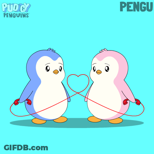 A Cartoon Of Two Penguins Holding A Red String With The Word Pengu On The Bottom Right GIF