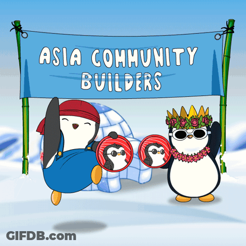 A Cartoon Of Two Penguins Holding A Sign That Says Asia Community Builders GIF