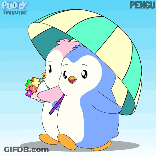 A Cartoon Of Two Penguins Holding An Umbrella With The Name Pengu Below Them GIF