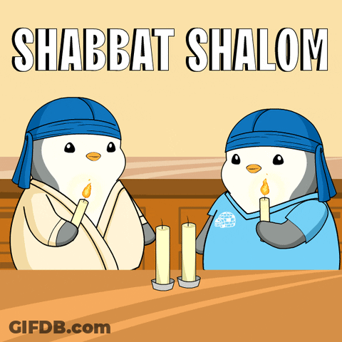 A Cartoon Of Two Penguins Holding Candles With The Words Shabbat Shalom Written Above Them GIF