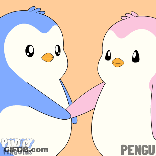A Cartoon Of Two Penguins Holding Hands With The Words Hi Pengu Behind Them GIF