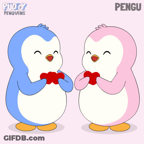 A Cartoon Of Two Penguins Holding Red Hearts With The Name Pengu On The Bottom GIF