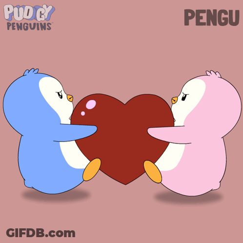 A Cartoon Of Two Penguins Hugging A Heart With The Word Pengu On The Bottom Right GIF