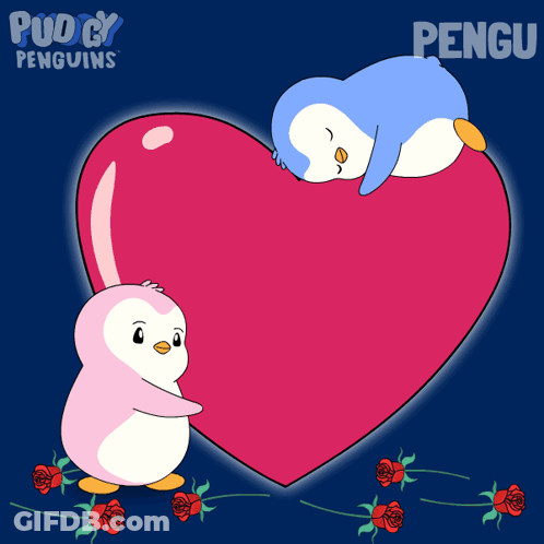 A Cartoon Of Two Penguins Hugging A Large Heart With The Word Pengu On It GIF