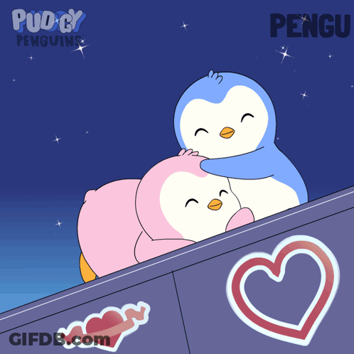 A Cartoon Of Two Penguins Hugging Each Other With The Word Pengu On The Bottom Right GIF