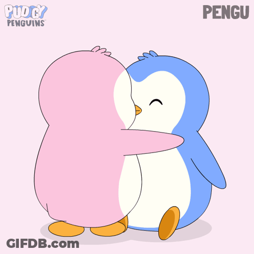 A Cartoon Of Two Penguins Hugging Each Other With The Words Puddy Penguins Behind Them GIF