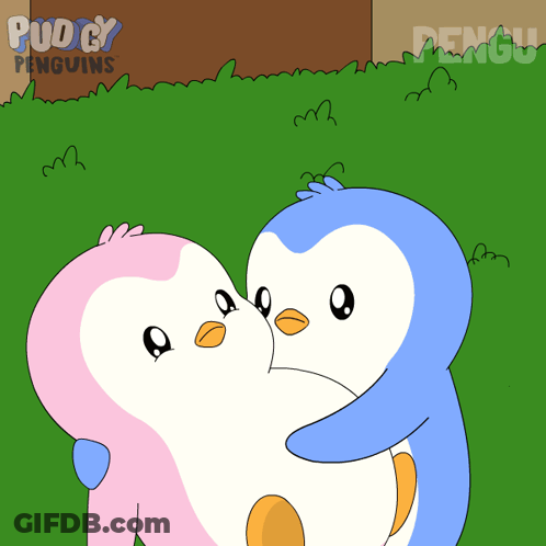 A Cartoon Of Two Penguins Hugging With The Words Pudgy Penguins Behind Them GIF