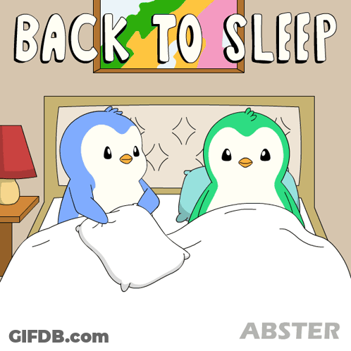 A Cartoon Of Two Penguins In A Bed With The Words " Back To Sleep " Above Them GIF