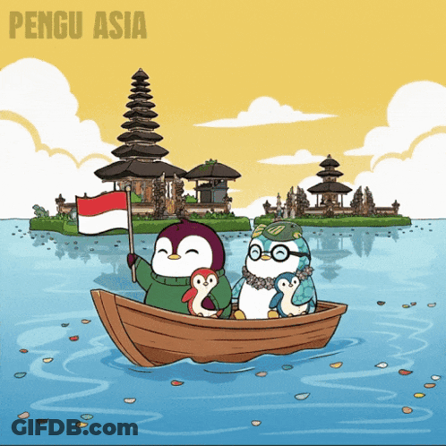 A Cartoon Of Two Penguins In A Boat With The Words Pengu Asia Below Them GIF
