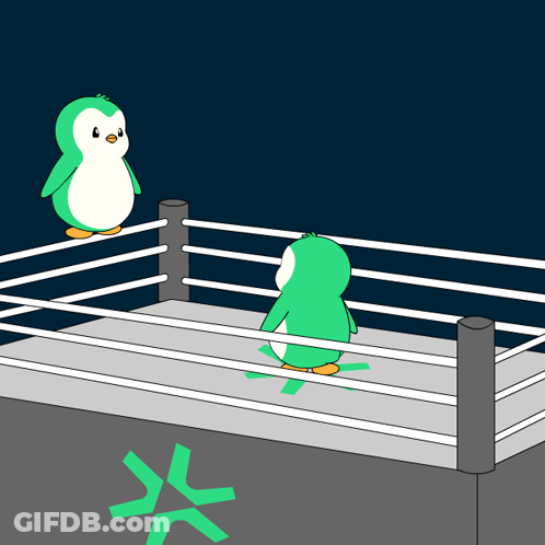 A Cartoon Of Two Penguins In A Boxing Ring With A Green Star On The Ground GIF