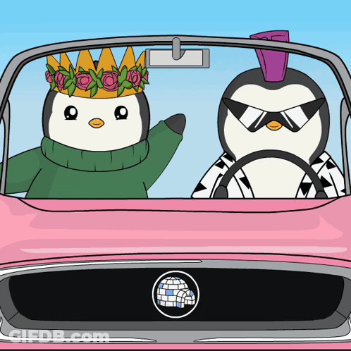 A Cartoon Of Two Penguins In A Car With One Wearing A Crown GIF