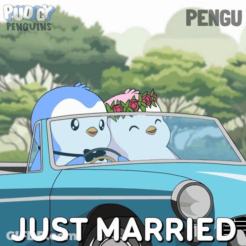 A Cartoon Of Two Penguins In A Car With The Caption Just Married GIF