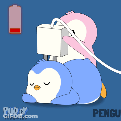 A Cartoon Of Two Penguins Laying On Top Of Each Other With The Word Pengu On The Bottom Right GIF