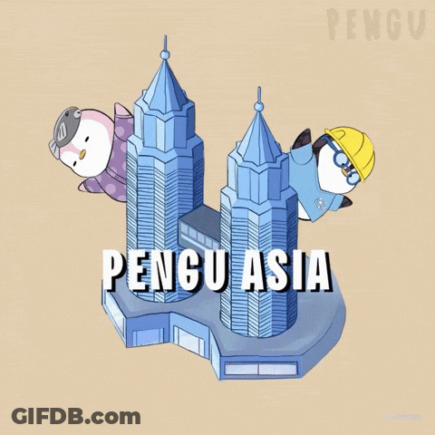 A Cartoon Of Two Penguins On Top Of A Building With The Words Pengu Asia Below Them GIF