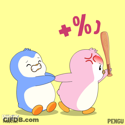 A Cartoon Of Two Penguins One Of Which Is Holding A Bat With The Word @ # % Above Them GIF