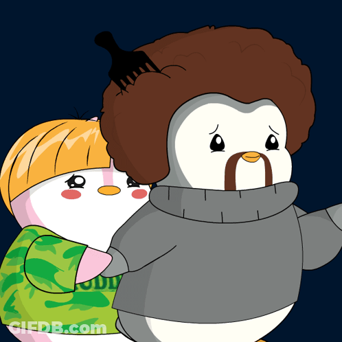 A Cartoon Of Two Penguins One With An Afro And The Other With A Sweater GIF