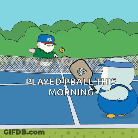 A Cartoon Of Two Penguins Playing Paddleball On A Tennis Court With The Caption " Played Pball This Morning " GIF