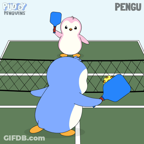 A Cartoon Of Two Penguins Playing Ping Pong With The Words Puddy Penguins On The Bottom GIF