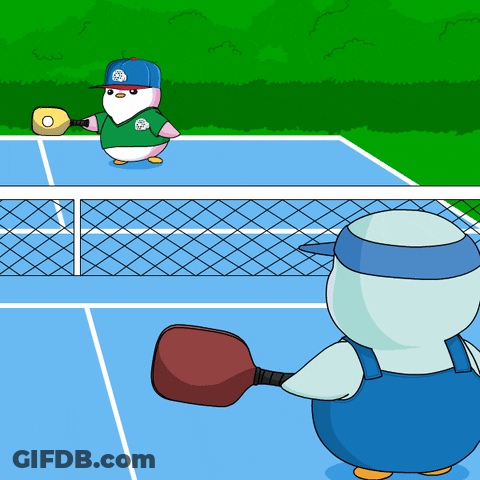 A Cartoon Of Two Penguins Playing Tennis With One Wearing A Shirt That Says ' Penguin ' On It GIF