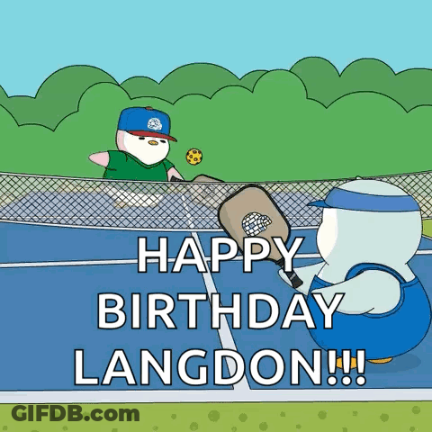 A Cartoon Of Two Penguins Playing Tennis With The Words Happy Birthday Langdon Below Them GIF
