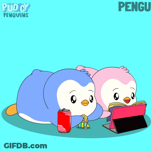 A Cartoon Of Two Penguins Reading A Book And Eating Popcorn With The Word Pengu Above Them GIF
