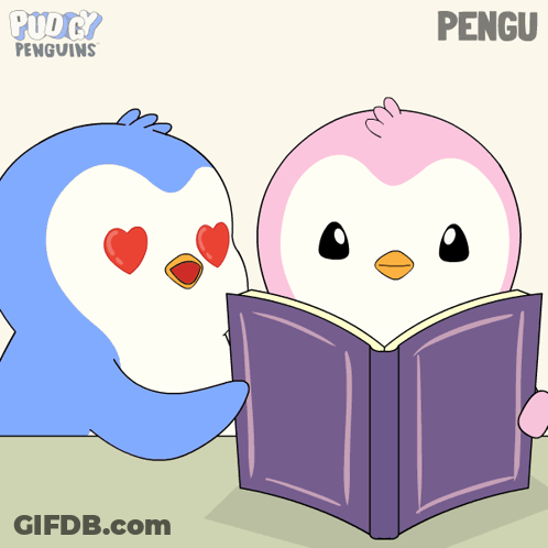 A Cartoon Of Two Penguins Reading A Book With The Words Puddy Penguins On The Bottom GIF