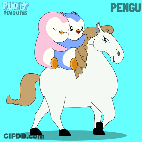 A Cartoon Of Two Penguins Riding On The Back Of A Horse Called Pengu GIF