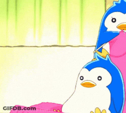 A Cartoon Of Two Penguins Sitting On A Bed With A Bug Flying In The Background GIF