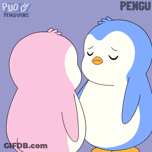 A Cartoon Of Two Penguins Standing Next To Each Other With The Word Pengu On The Bottom GIF