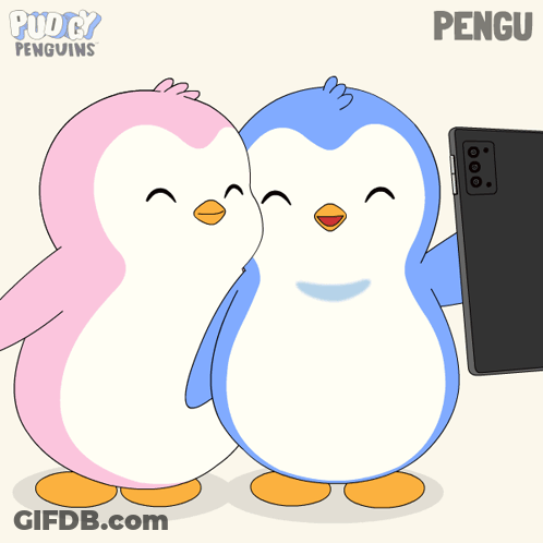 A Cartoon Of Two Penguins Taking A Selfie With A Puddy Penguins Logo Behind Them GIF