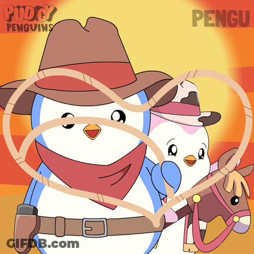 A Cartoon Of Two Penguins Wearing Cowboy Hats And Bandanas GIF