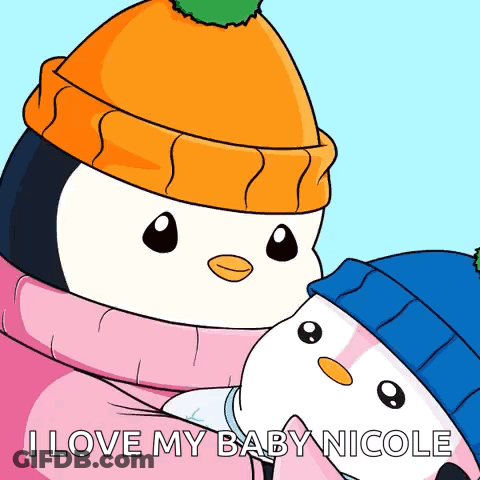 A Cartoon Of Two Penguins Wearing Hats And Scarves With The Words I Love My Baby Nicole Below Them GIF