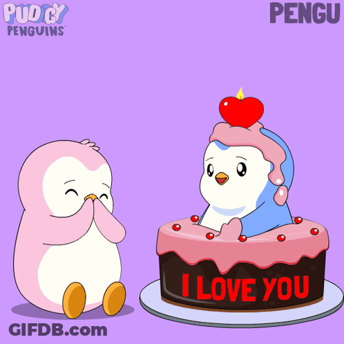 A Cartoon Of Two Penguins With A Cake That Says I Love You GIF