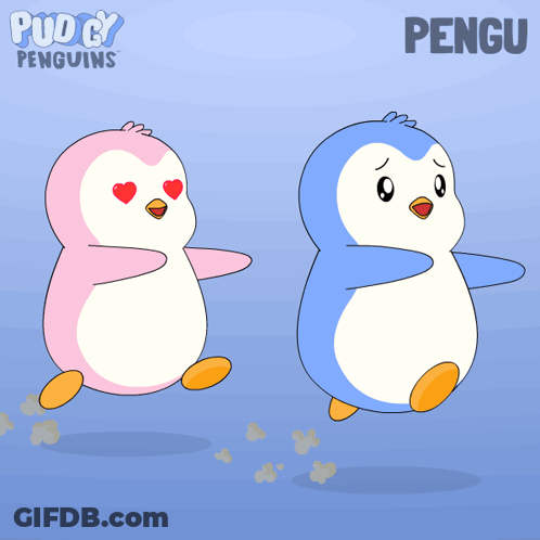 A Cartoon Of Two Penguins With Hearts On Their Faces And The Word Pengu Below Them GIF
