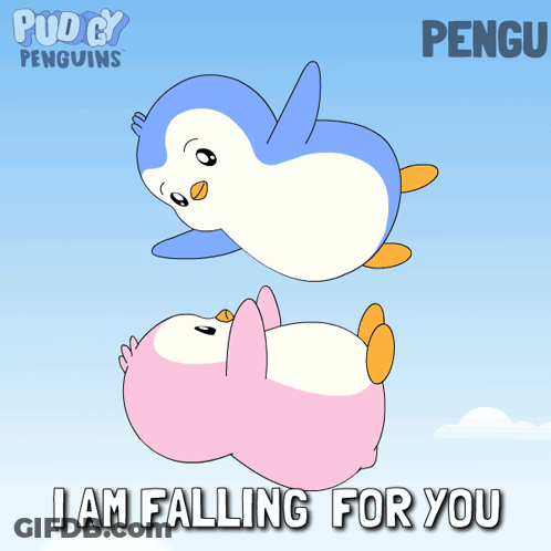 A Cartoon Of Two Penguins With The Words I Am Falling For You On The Bottom GIF