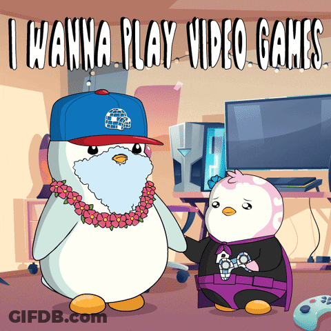 A Cartoon Of Two Penguins With The Words " I Wanna Play Video Games " On The Bottom GIF