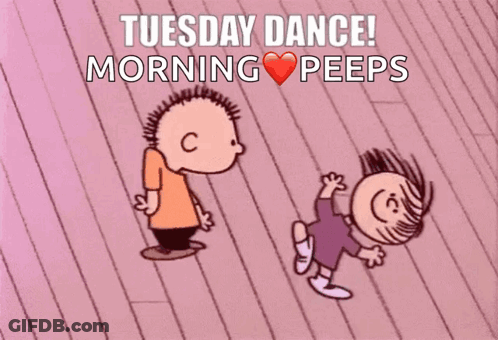 A Cartoon Of Two People Dancing With The Words Tuesday Dance Morning Peeps GIF
