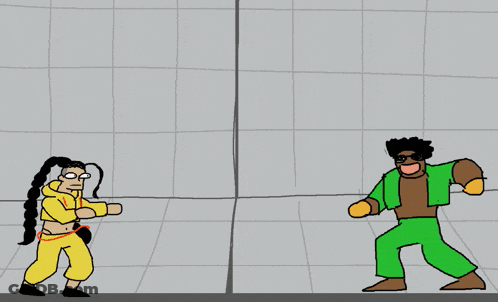 A Cartoon Of Two People Fighting With A Banana In The Middle GIF