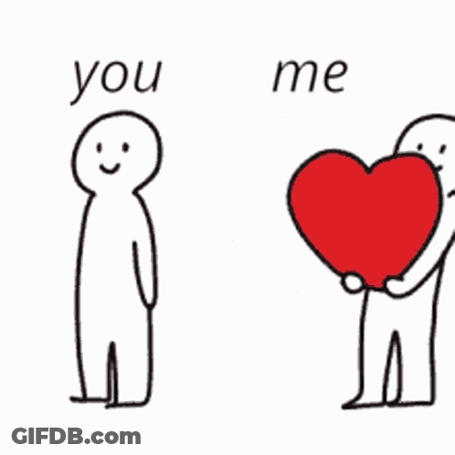 A Cartoon Of Two People Holding Hands With The Words `` You Me '' Written Above Them . GIF