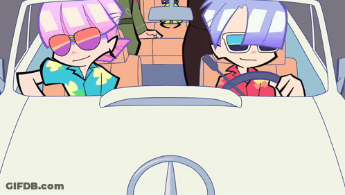 A Cartoon Of Two People In A Car With A Mercedes Logo In The Hood GIF