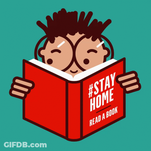 A Cartoon Of Two People Reading A Book That Says " Stay Home Read A Book " GIF