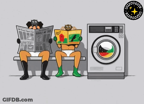 A Cartoon Of Two People Reading Newspapers Next To A Washer And Dryer GIF