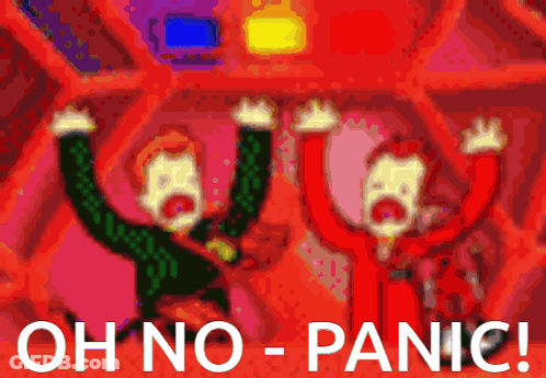 A Cartoon Of Two People Screaming With The Words Oh No Panic GIF